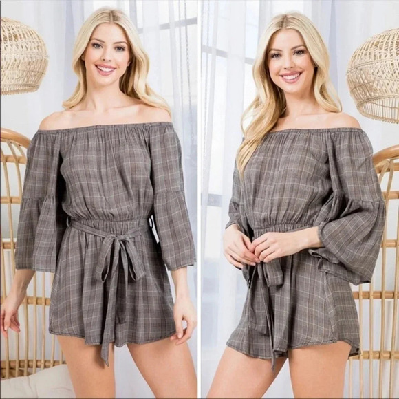 Boho Plaid Off Shoulder Romper | Bell Sleeve Cinched Waist Jumpsuit - Picture 7 of 11